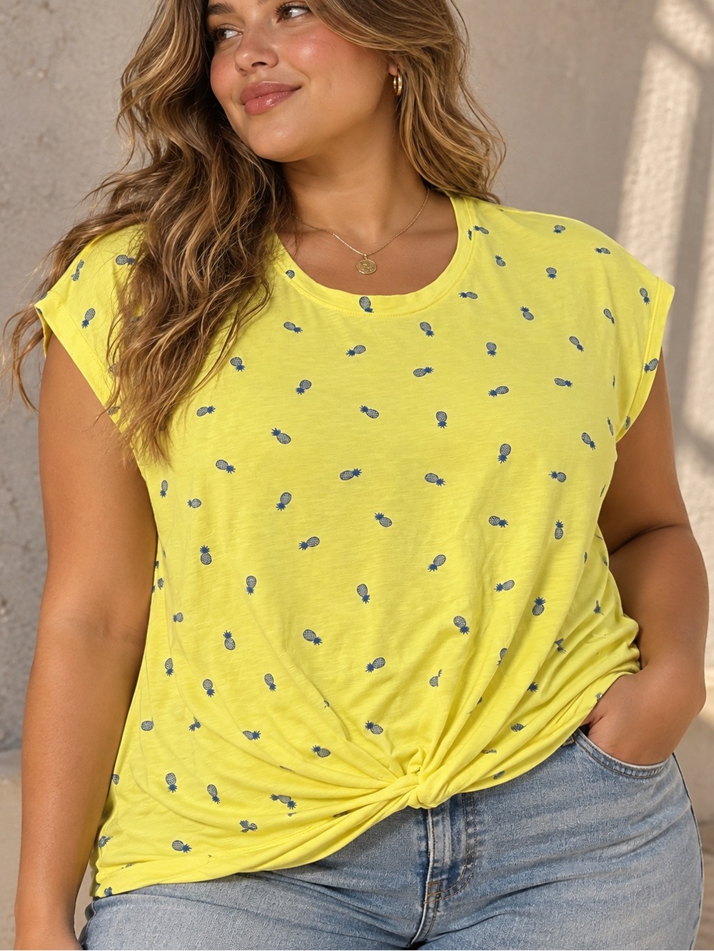 IZOD Women’s XL Yellow Pineapple Print Short Sleeve Tunic Top Knotted Hem